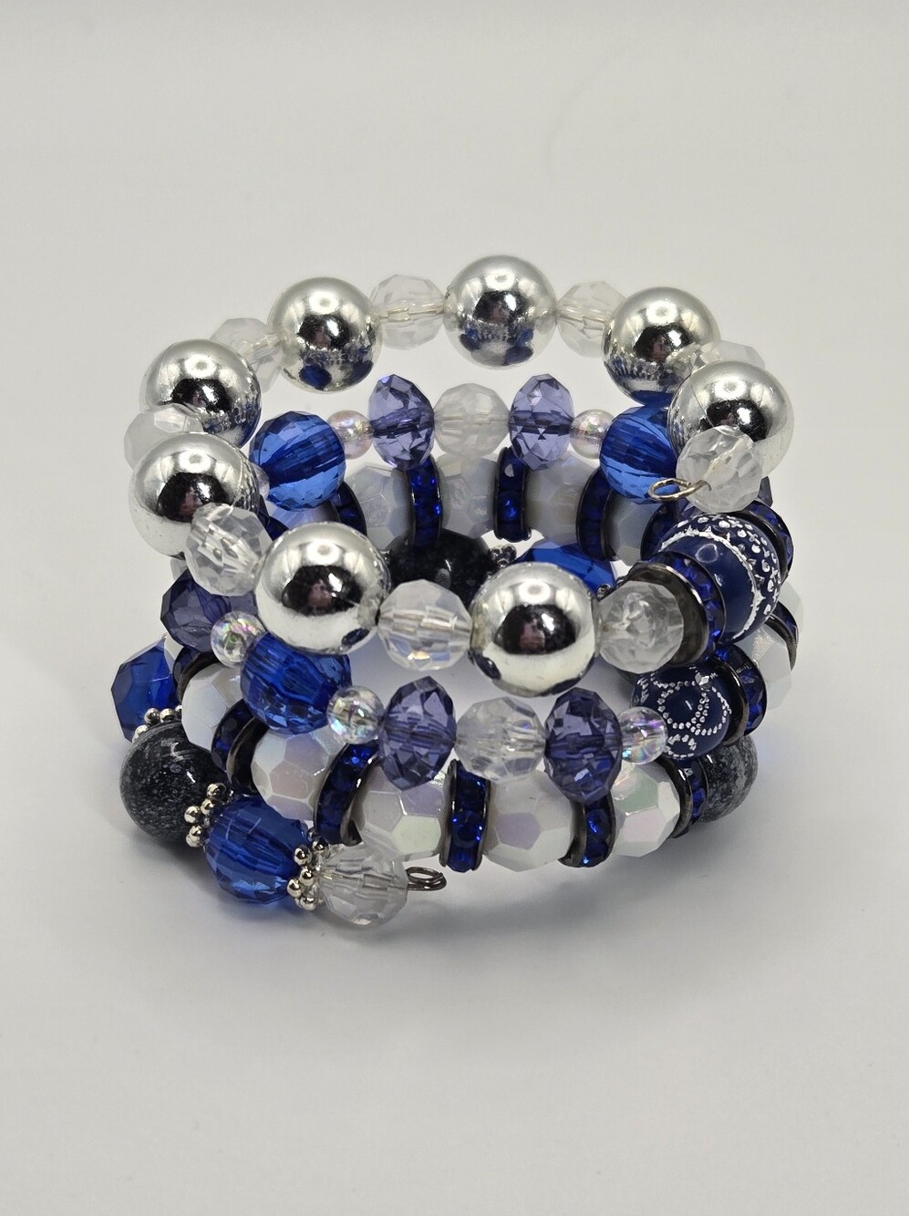 Beaded Multi-strand Coil Bracelet Stack Blue, Silver, & White Handmade Jewelry